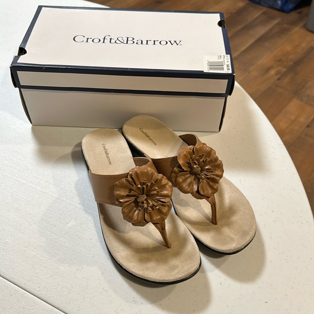 Croft & Borrow Brown Flower Slip on Sandals